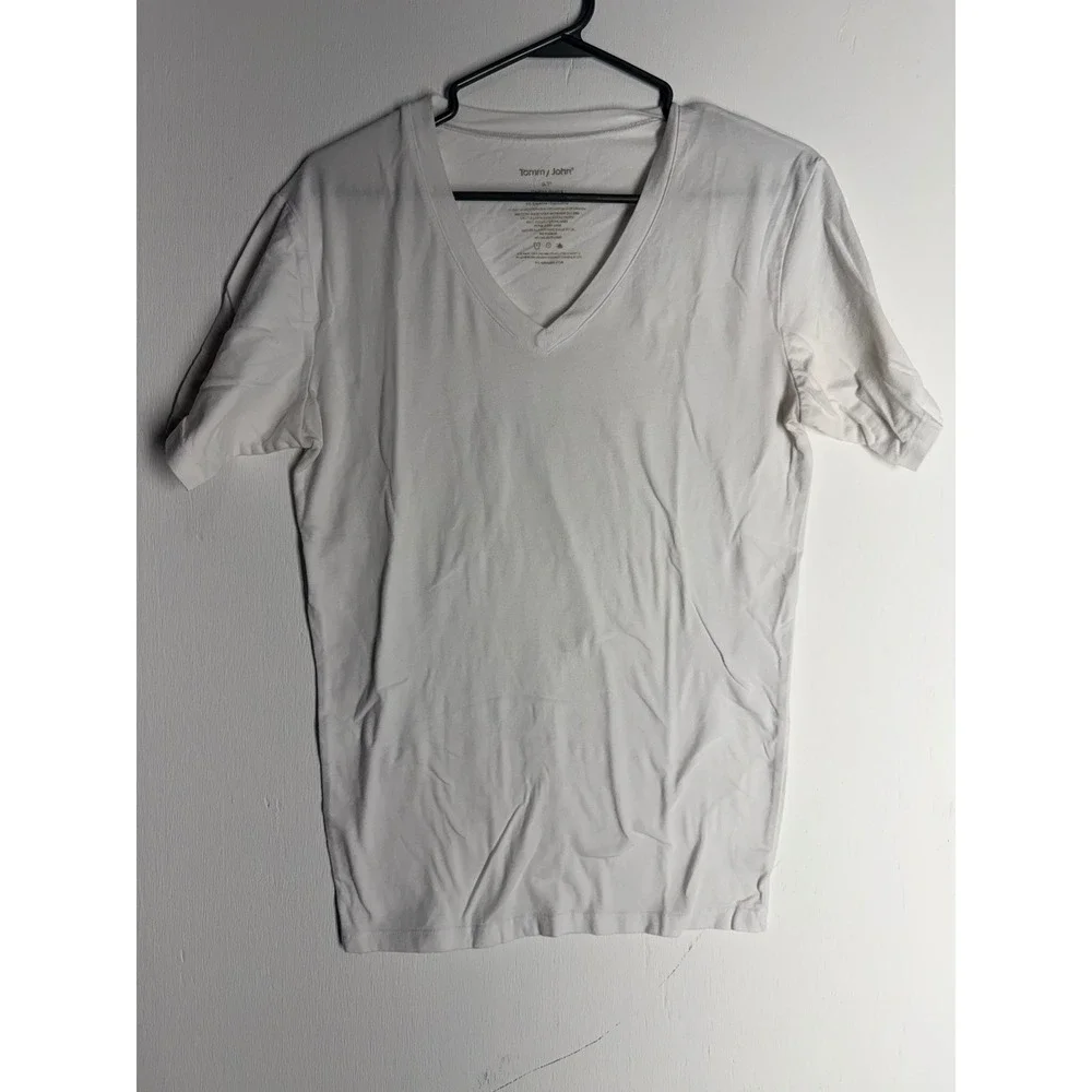 Tommy John Mens White V-Neck Undershirt Cotton Basics Short Sleeve Tee Size S